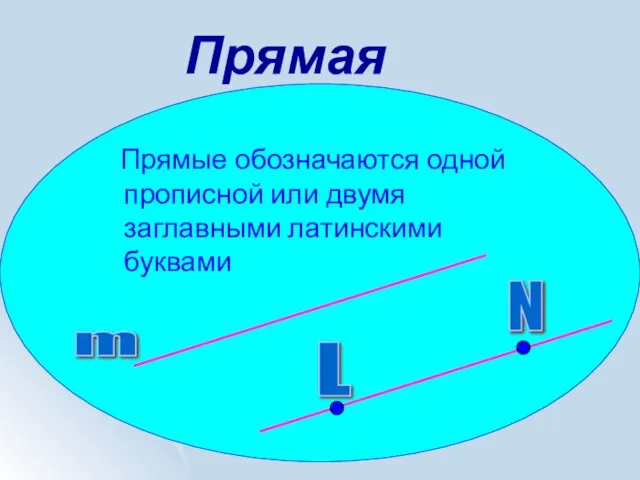 Прямые обозначаются одной прописной или двумя заглавными латинскими буквами m L N Прямая