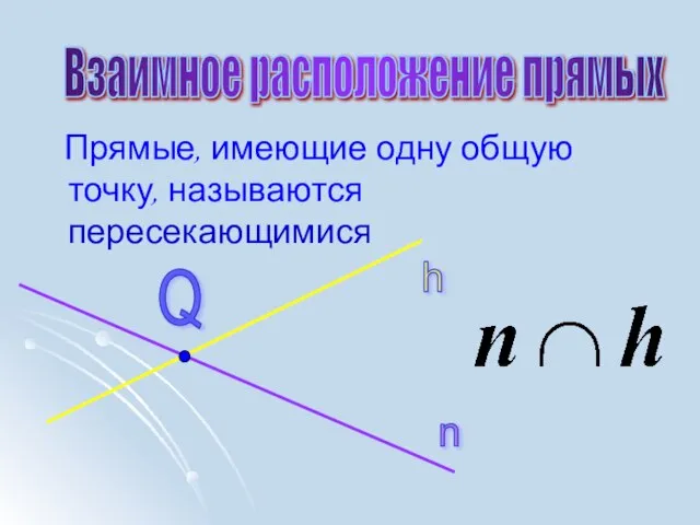 Прямые, имеющие одну общую точку, называются пересекающимися Взаимное расположение прямых n h Q