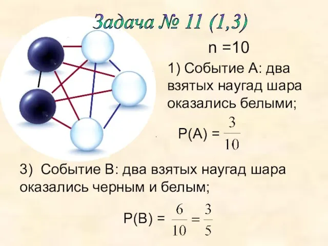 Задача № 11 (1,3) n =10 1) Событие А: два взятых наугад