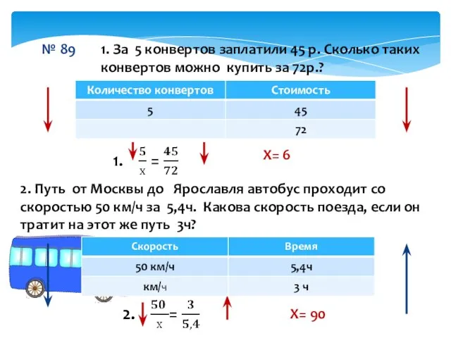 № 89 Х= 6 Х= 90 1. За 5 конвертов заплатили 45