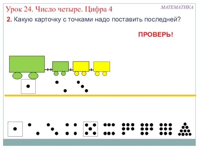 Урок 24. Число четыре. Цифра 4 2. Какую карточку с точками надо поставить последней? МАТЕМАТИКА ПРОВЕРЬ!