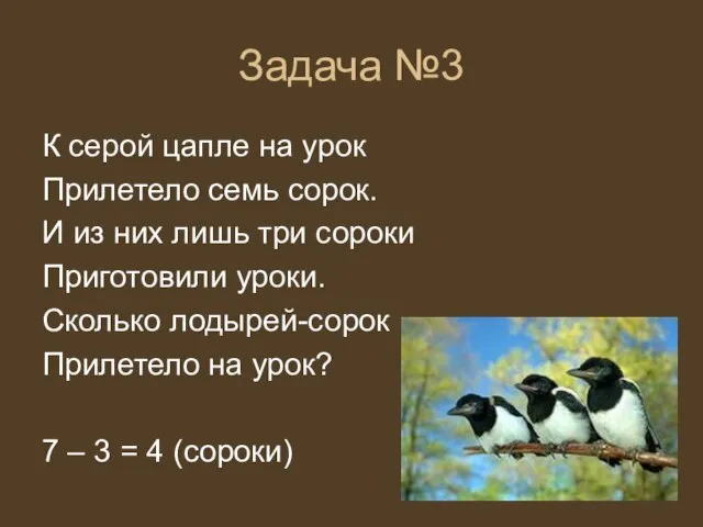 Задача №3 К серой цапле на урок Прилетело семь сорок. И из