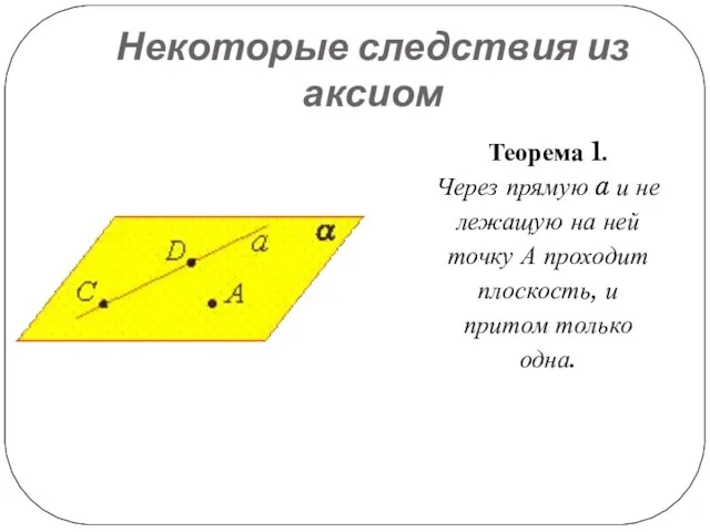 Некоторые следствия из аксиом Теорема 1. Через прямую a и не лежащую