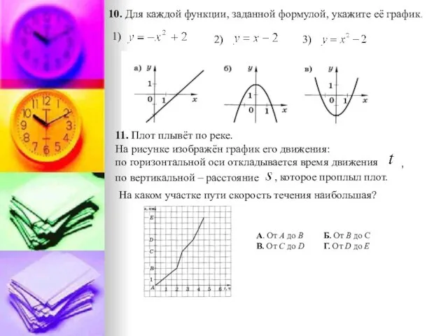 10. Для каждой функции, заданной формулой, укажите её график. 11. Плот плывёт