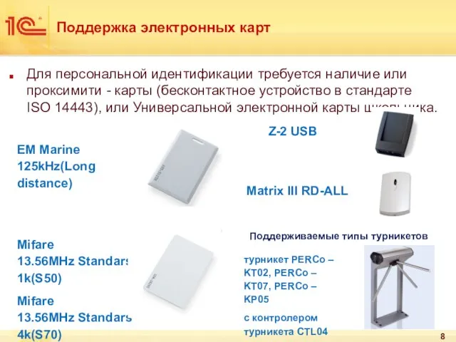 Поддержка электронных карт Для персональной идентификации требуется наличие или проксимити - карты
