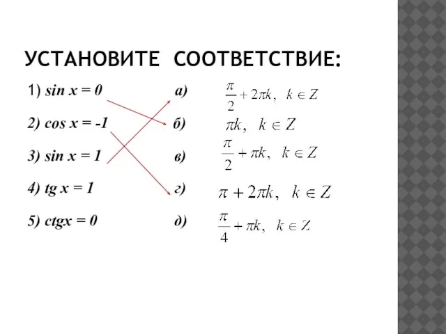 УСТАНОВИТЕ СООТВЕТСТВИЕ: 1) sin x = 0 а) 2) cos x =