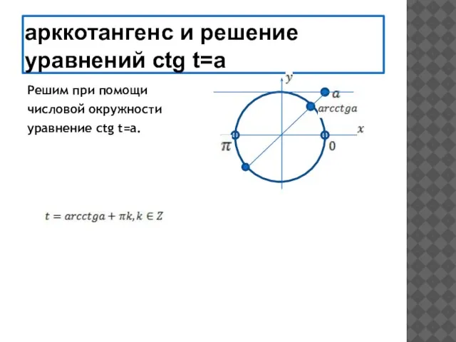 арккотангенс и решение уравнений ctg t=a Решим при помощи числовой окружности уравнение ctg t=a.