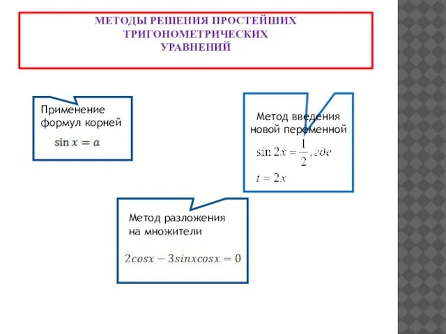 МЕТОДЫ РЕШЕНИЯ ПРОСТЕЙШИХ ТРИГОНОМЕТРИЧЕСКИХ УРАВНЕНИЙ ghb Применение формул корней Метод введения новой