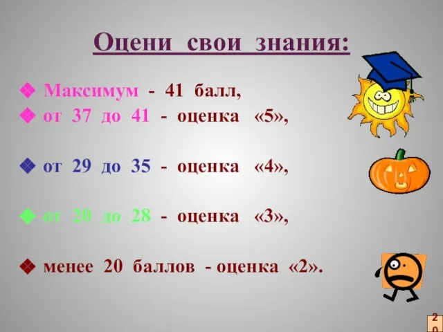 Оцени свои знания: Максимум - 41 балл, от 37 до 41 -