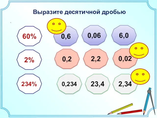 Выразите десятичной дробью . 60% 2% 234% 0,6 0,06 6,0 2,2 0,2 0,02 0,234 23,4 2,34