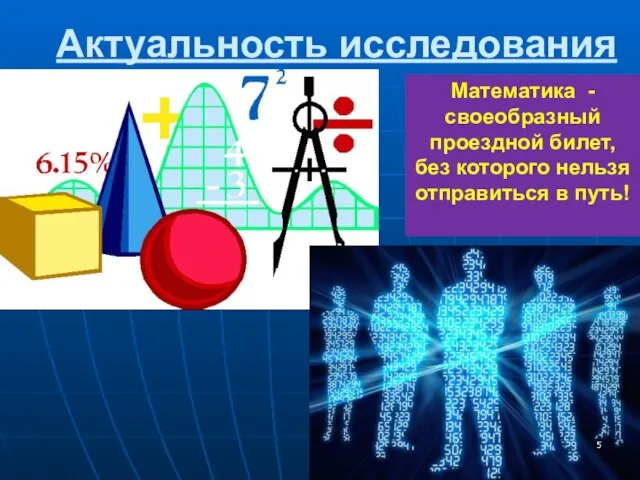 Актуальность исследования Математика - своеобразный проездной билет, без которого нельзя отправиться в путь!