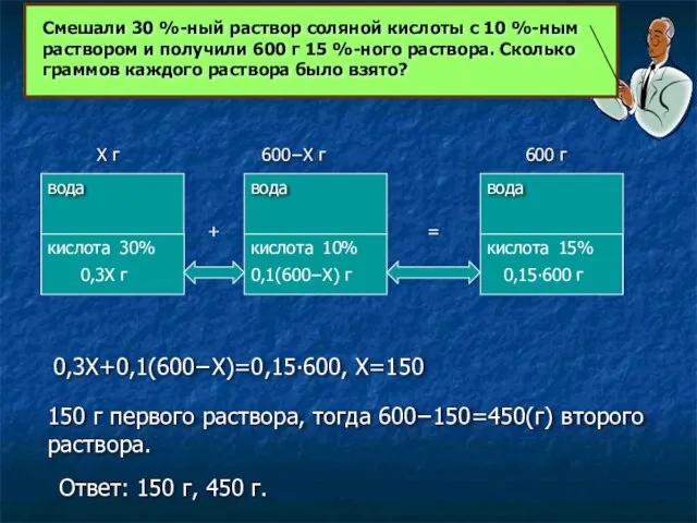 вода кислота вода вода кислота кислота 600 г 15% 10% 30% Х