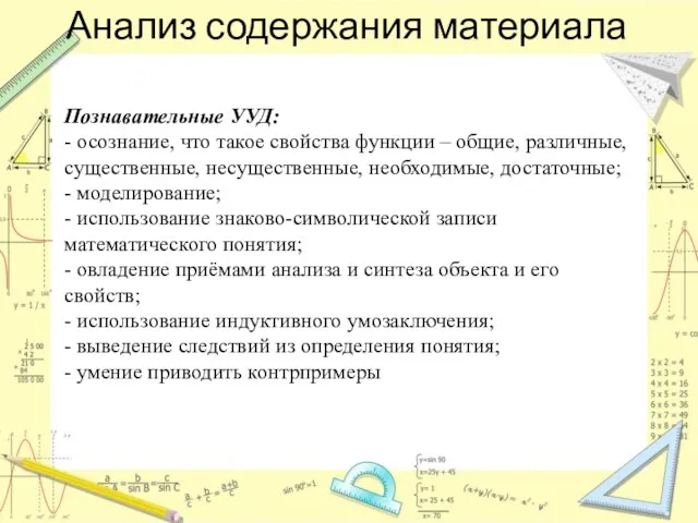 Анализ содержания материала Познавательные УУД: - осознание, что такое свойства функции –