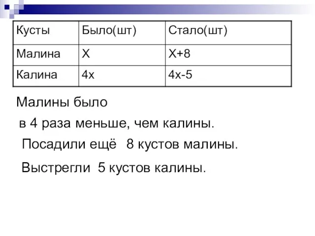 Малины было в 4 раза меньше, чем калины. Посадили ещё 8 кустов