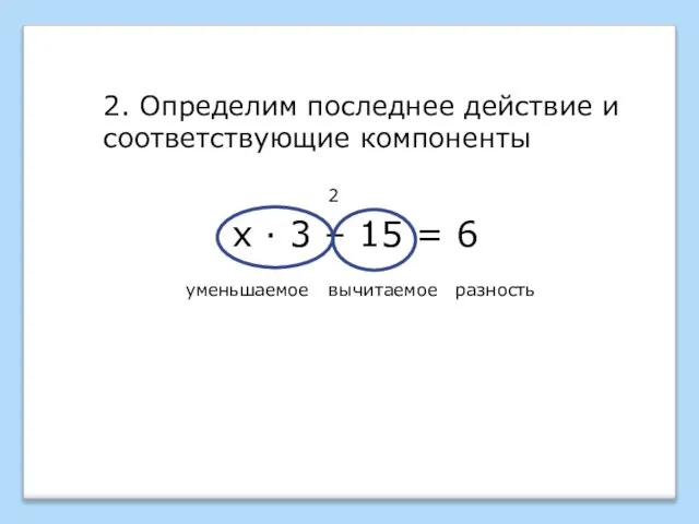 2 х · 3 – 15 = 6 2. Определим последнее действие