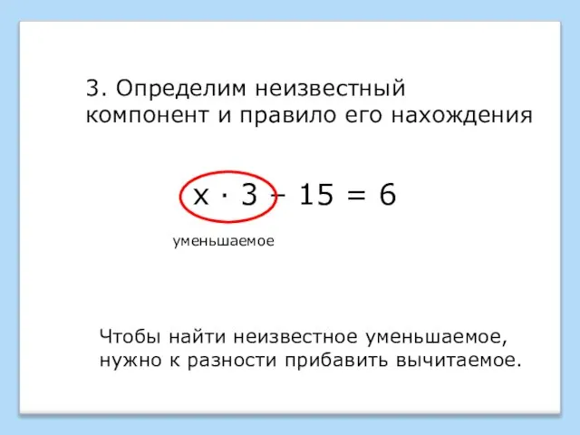 х · 3 – 15 = 6 3. Определим неизвестный компонент и