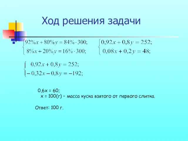 Ход решения задачи 0,6х = 60; х = 100(г) – масса куска