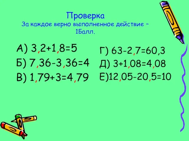 Проверка За каждое верно выполненное действие – 1Балл. А) 3,2+1,8=5 Б) 7,36-3,36=4