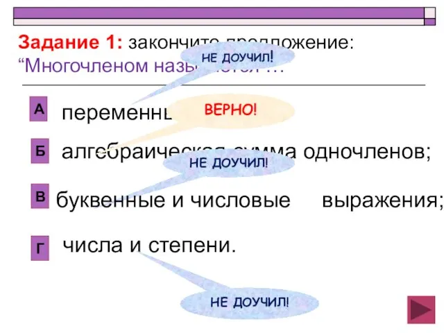 алгебраическая сумма одночленов; Б А В Г НЕ ДОУЧИЛ! переменные и числа;