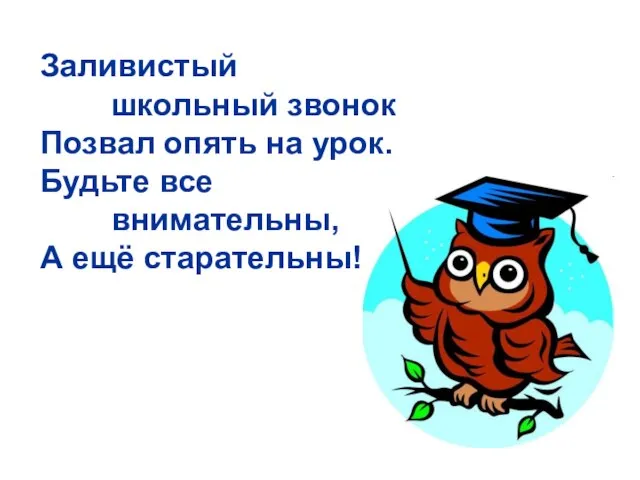 Заливистый школьный звонок Позвал опять на урок. Будьте все внимательны, А ещё старательны!