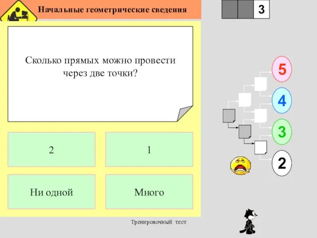 Начальные геометрические сведения Тренировочный тест Сколько прямых можно провести через две точки?