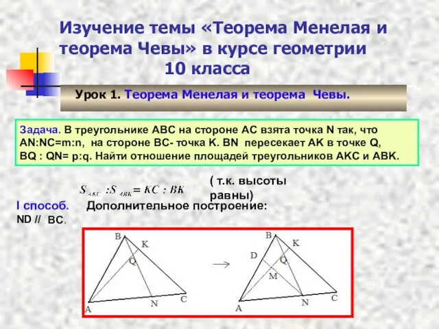 Изучение темы «Теорема Менелая и теорема Чевы» в курсе геометрии 10 класса
