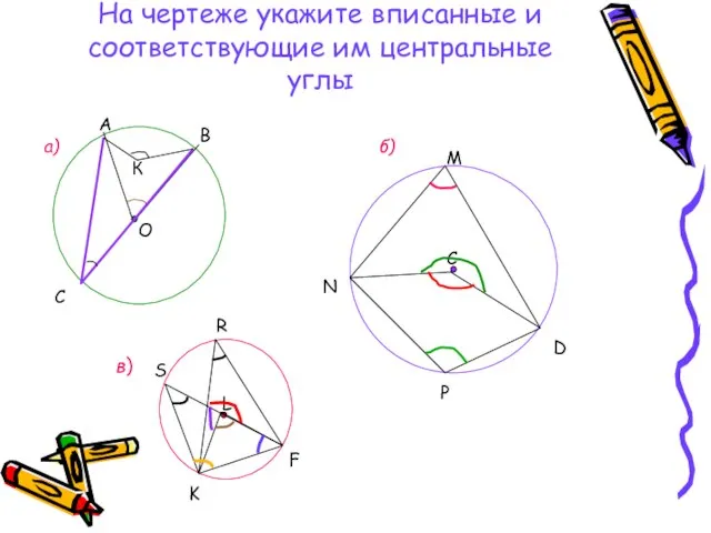 На чертеже укажите вписанные и соответствующие им центральные углы А В О