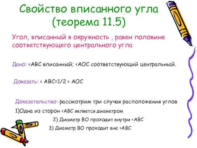 Свойство вписанного угла (теорема 11.5) Угол, вписанный в окружность , равен половине