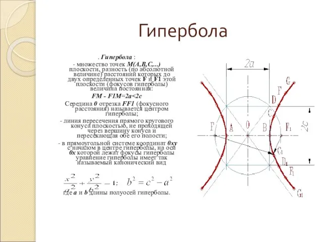 Гипербола . Гипербола : - множество точек М(A,B,C,...) плоскости, разность (по абсолютной