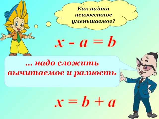 Как найти неизвестное уменьшаемое? х - а = b … надо сложить