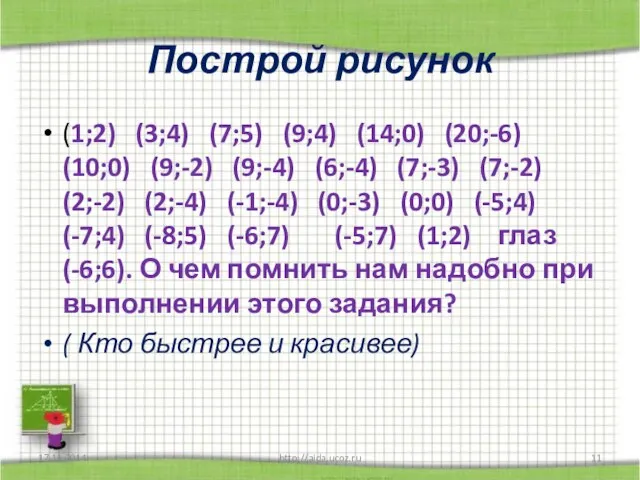 Построй рисунок (1;2) (3;4) (7;5) (9;4) (14;0) (20;-6) (10;0) (9;-2) (9;-4) (6;-4)