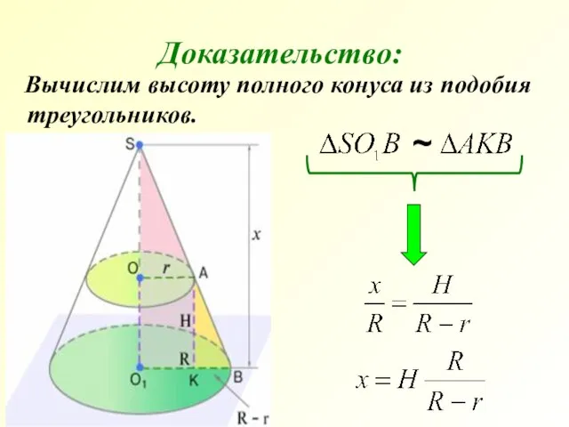 Вычислим высоту полного конуса из подобия треугольников. Доказательство: ~