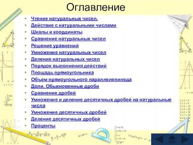 Оглавление Чтение натуральных чисел. Действие с натуральными числами Шкалы и координаты Сравнение