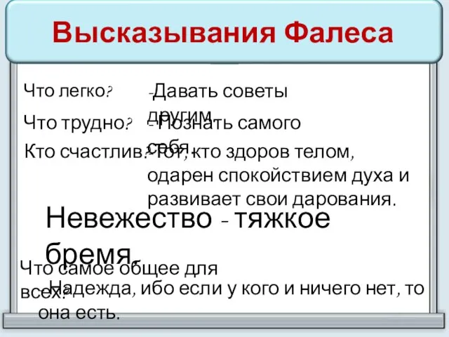 Высказывания Фалеса Что легко? -Давать советы другим. Что трудно? - Познать самого