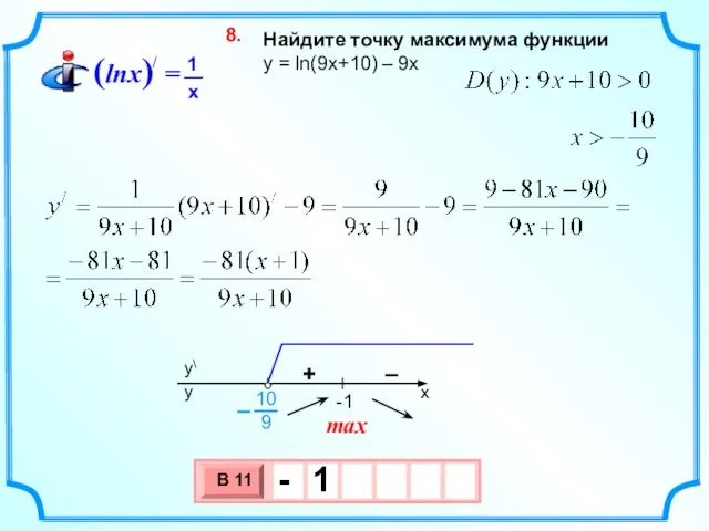 Найдите точку максимума функции y = ln(9x+10) – 9х 8. max