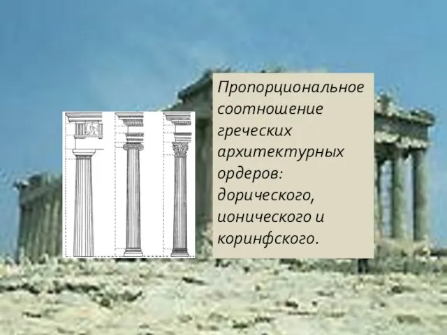 Пропорциональное соотношение греческих архитектурных ордеров: дорического, ионического и коринфского.