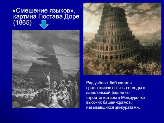 «Смешение языков», картина Гюстава Доре (1865) Ряд учёных-библеистов прослеживает связь легенды о