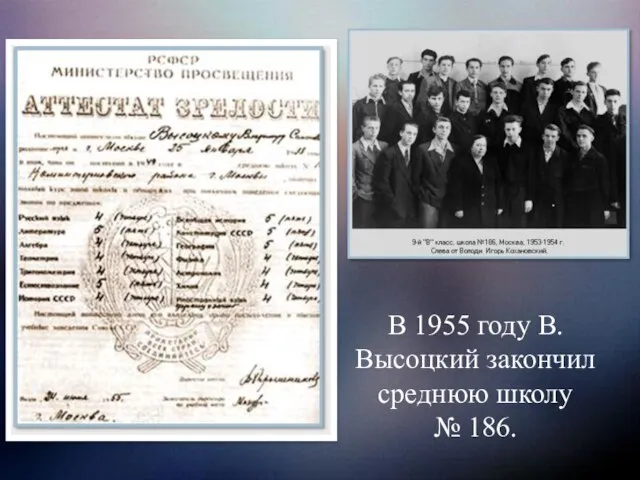 В 1955 году В. Высоцкий закончил среднюю школу № 186.