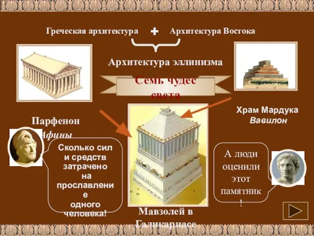 Мавзолей в Галикарнасе Храм Мардука Вавилон Семь чудес света Парфенон Афины Греческая