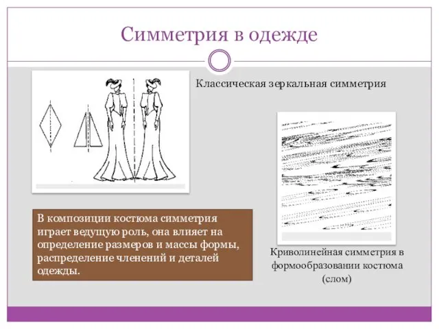 Симметрия в одежде Классическая зеркальная симметрия Криволинейная симметрия в формообразовании костюма (слом)