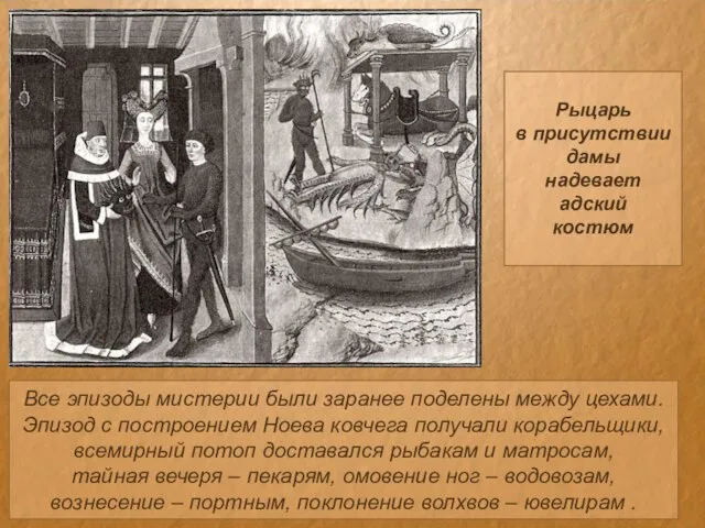 Все эпизоды мистерии были заранее поделены между цехами. Эпизод с построением Ноева