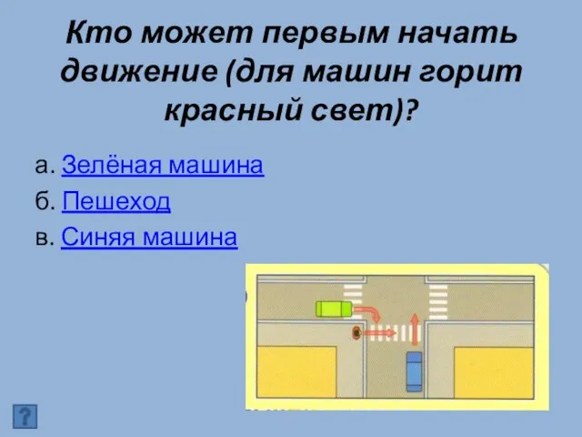 Кто может первым начать движение (для машин горит красный свет)? а. Зелёная