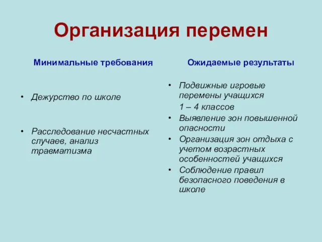 Организация перемен Минимальные требования Дежурство по школе Расследование несчастных случаев, анализ травматизма