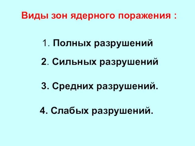 Виды зон ядерного поражения : 1. Полных разрушений 2. Сильных разрушений 3.