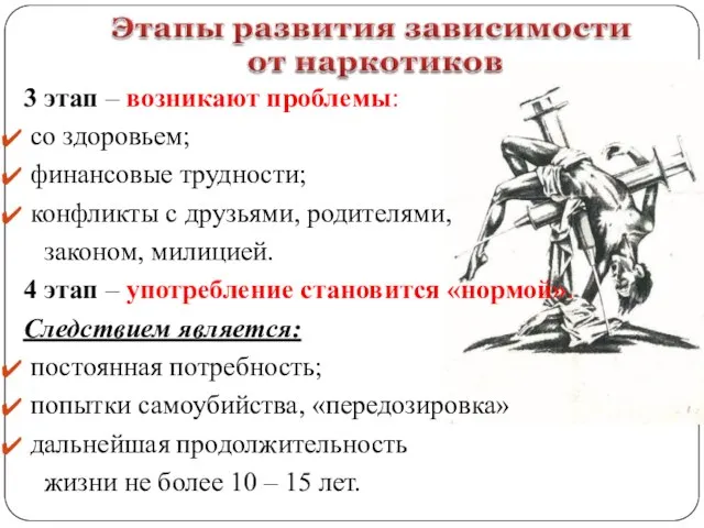 3 этап – возникают проблемы: со здоровьем; финансовые трудности; конфликты с друзьями,