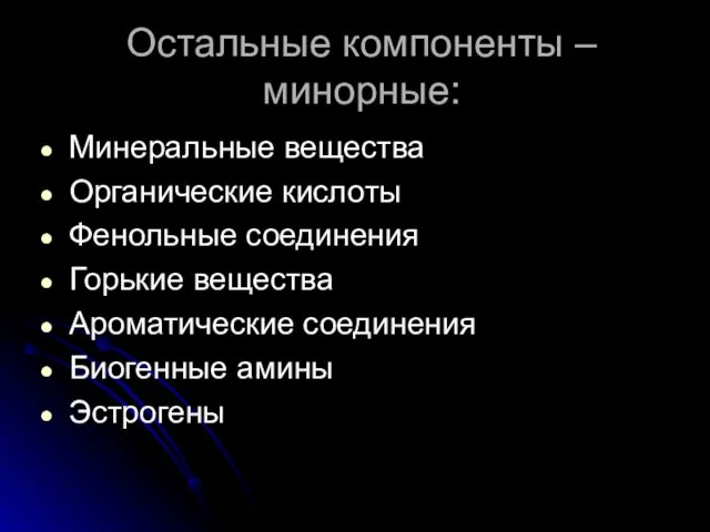 Остальные компоненты – минорные: Минеральные вещества Органические кислоты Фенольные соединения Горькие вещества