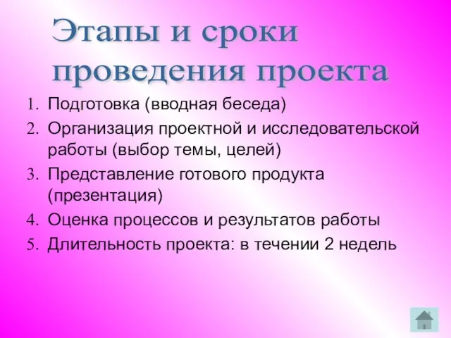 Подготовка (вводная беседа) Организация проектной и исследовательской работы (выбор темы, целей) Представление