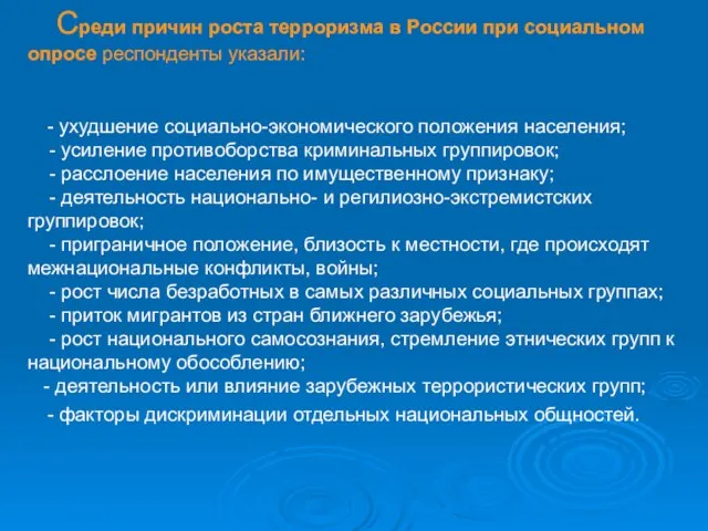 Среди причин роста терроризма в России при социальном опросе респонденты указали: -