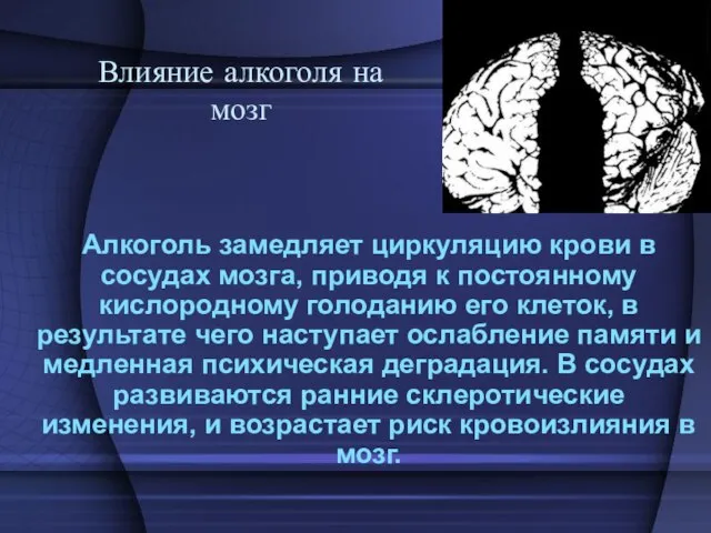 Влияние алкоголя на мозг Алкоголь замедляет циркуляцию крови в сосудах мозга, приводя