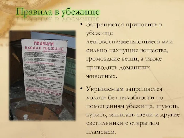 Запрещается приносить в убежище легковоспламеняющиеся или сильно пахнущие вещества, громоздкие вещи, а